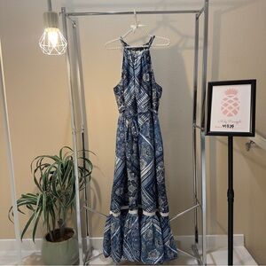 Lucky Brand size L blue bandana design cotton halter top maxi with pockets dress